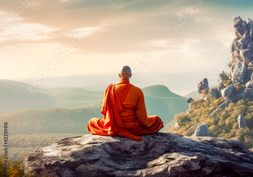 Buddhistischer Mönch in orangfarbener Robe meditiert einsam auf einem Berg, Minimalistisch, Generative KI