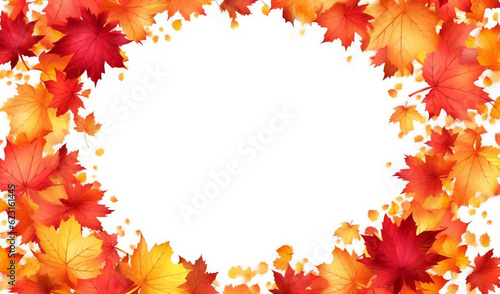 Autumn background with colourful frame of maple leaves  orange  yellow  red.Beautiful fall leaves decorative border with copy space for text Generative Ai.