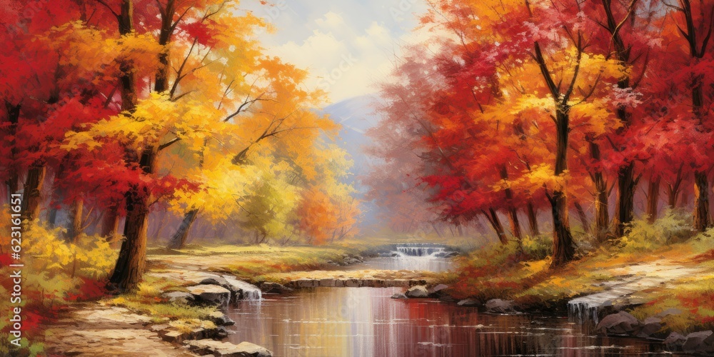 Season of Beautiful Autumn Leaves. Witness Nature's Remarkable Transformation as the Leaves Paint the Landscape with a Vibrant Palette of Reds, Oranges, and Yellows  Generative AI Digital Illustration
