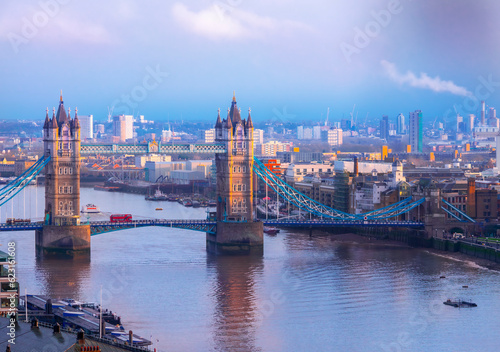 The famous historical Tower Bridge over the River Thames in the city of London at sunset in London