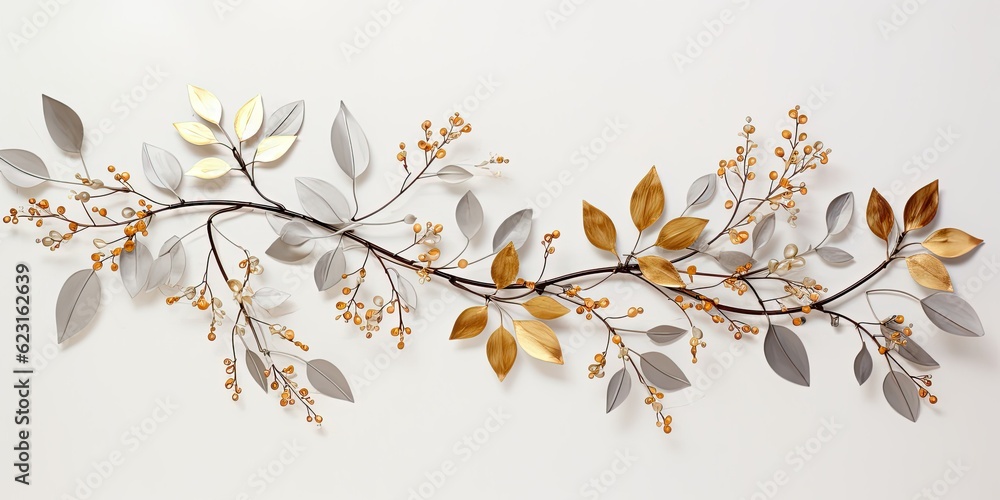 featuring golden flying autumn leaves of diverse shapes dancing on a light gray background  Generative AI Digital Illustration