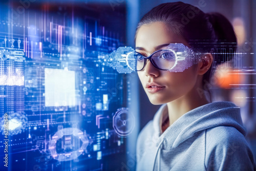 Frau schaut durch eine moderne AR-Brille, intelligente Brille, tragbare virtuelle Realität, fiktive Person. Generative KI