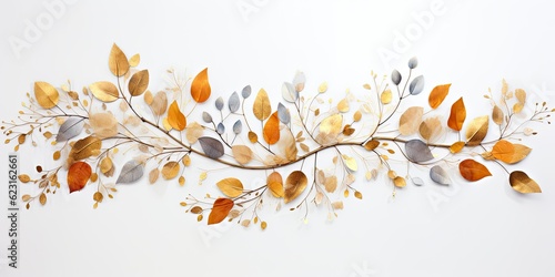 featuring golden flying autumn leaves of diverse shapes dancing on a light gray background Generative AI Digital Illustration