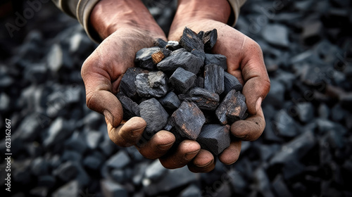 hands holding coal. fossil resources