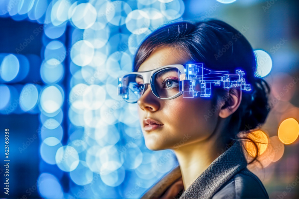 Frau schaut durch eine moderne AR-Brille, intelligente Brille, tragbare virtuelle Realität, fiktive Person. Generative KI Frau schaut durch eine moderne AR-Brille, intelligente Brille, tragbare virtuelle Realität, fiktive Person. Generative KI