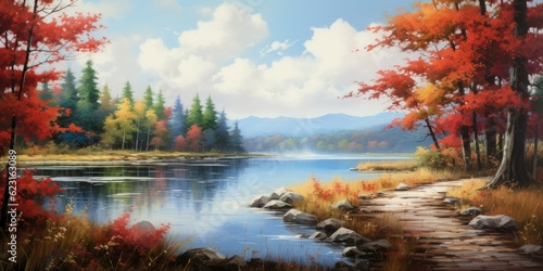picturesque lake view set amidst the enchanting beauty of autumn. The landscape comes alive with vibrant colors, adorned by golden leaves that gracefully carpet the  Generative AI Digital Illustration © Cool Patterns