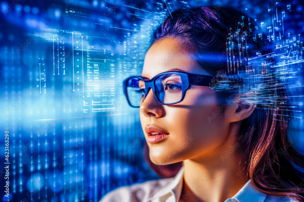 Frau schaut durch eine moderne AR-Brille, intelligente Brille, tragbare virtuelle Realität, fiktive Person. Generative KI