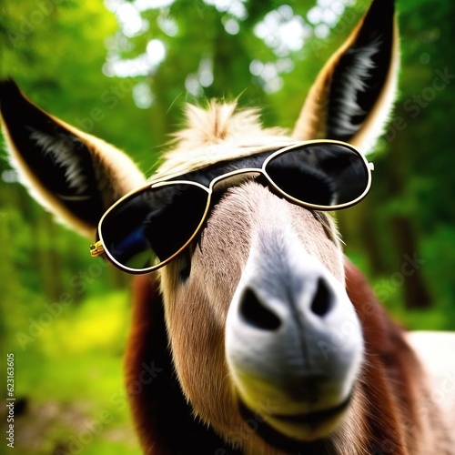  Witness a fascinating blend of fashion and nature as a stylish donkey dons chic eyewear amidst natural surroundings, creating a captivating image. Created with Generative AI technology. (ID: 623163605)