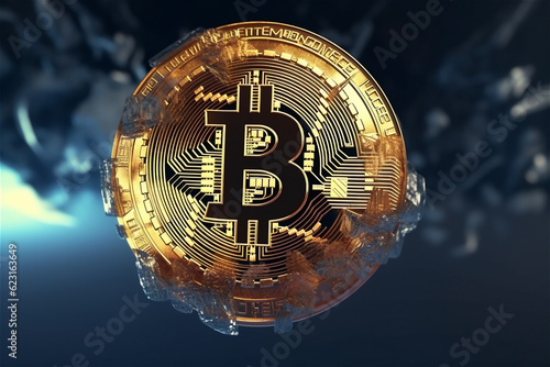 Bitcoin gold coin and defocused background. Virtual cryptocurrency concept. AI generated content