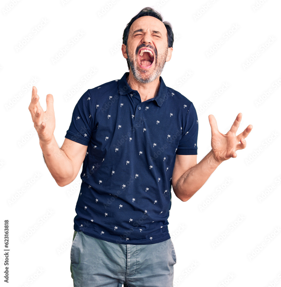 Middle age handsome man wearing casual polo crazy and mad shouting and yelling with aggressive expression and arms raised. frustration concept. Middle age handsome man wearing casual polo crazy and mad shouting and yelling with aggressive expression and arms raised. frustration concept.