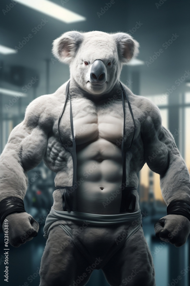 fit Koala standing at the gym, Koala getting ripped - Adorable fitness enthusiast at the gym, generative AI