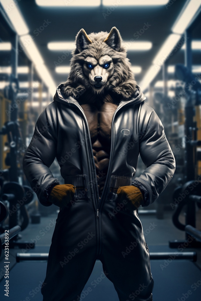 fit Wolf standing at the gym, Fitness Wolf, Muscular Canine at the Gym, generative AI