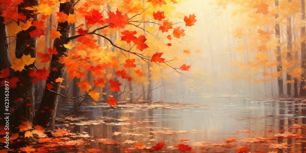 scene where autumn maple leaves adorn a beautiful nature bokeh background  Generative AI Digital Illustration