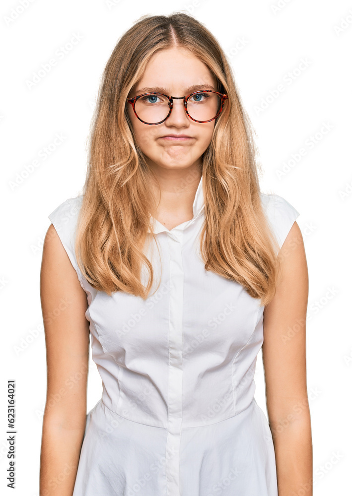 Beautiful young caucasian girl wearing casual clothes and glasses skeptic and nervous, frowning upset because of problem. negative person.