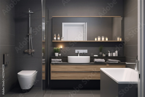 Modern bathroom interior with dark walls  white bathtub. AI generated content