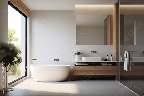 Modern bathroom in light tones. AI generated content