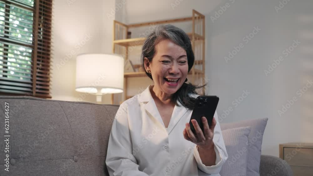happy senior woman uses phone for online communication, sitting on sofa at home in the evening and smiling.