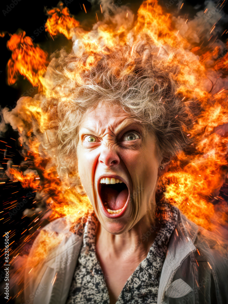 Wütende Frau explodiert vor Ärger. Generative AI