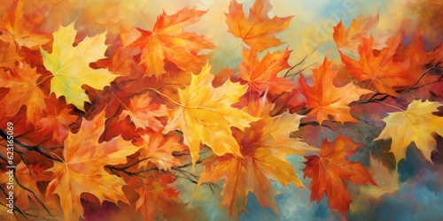 outdoor scene with a group of orange leaves as the background. The air is filled with the colors of fall, creating a vibrant and lively atmosphere  Generative AI Digital Illustration © Cool Patterns