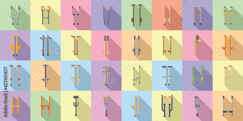 Stilt icons set flat vector. Children boy. Tall joker