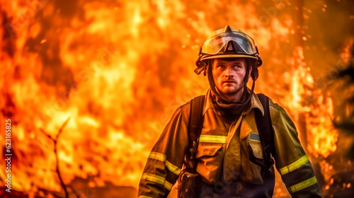Feuerwehrmann in voller Ausrüstung im Einsatz bei einem Waldbrand. Generative AI © pwmotion