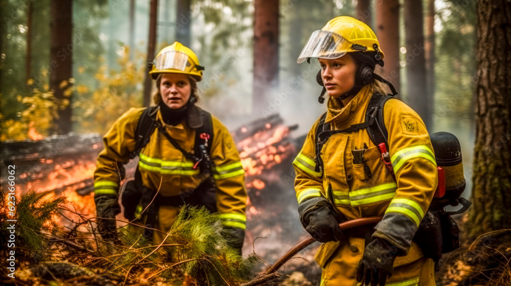 Feuerwehrfrauen löschen einen Waldbrand. Generative AI