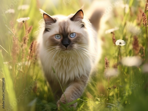 Birman Cat hunting in the grass (Generative AI)
