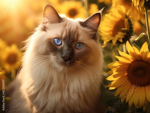 Birman Cat close-up with sunflowers (Generative AI)