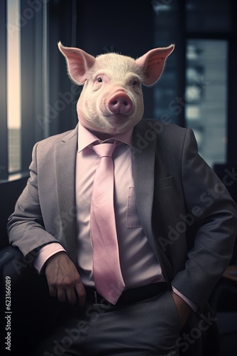 Pig in Business Suit, A Humorous Take on Corporate Life, Happy Piglet Dressed as a Businessman, generative ai