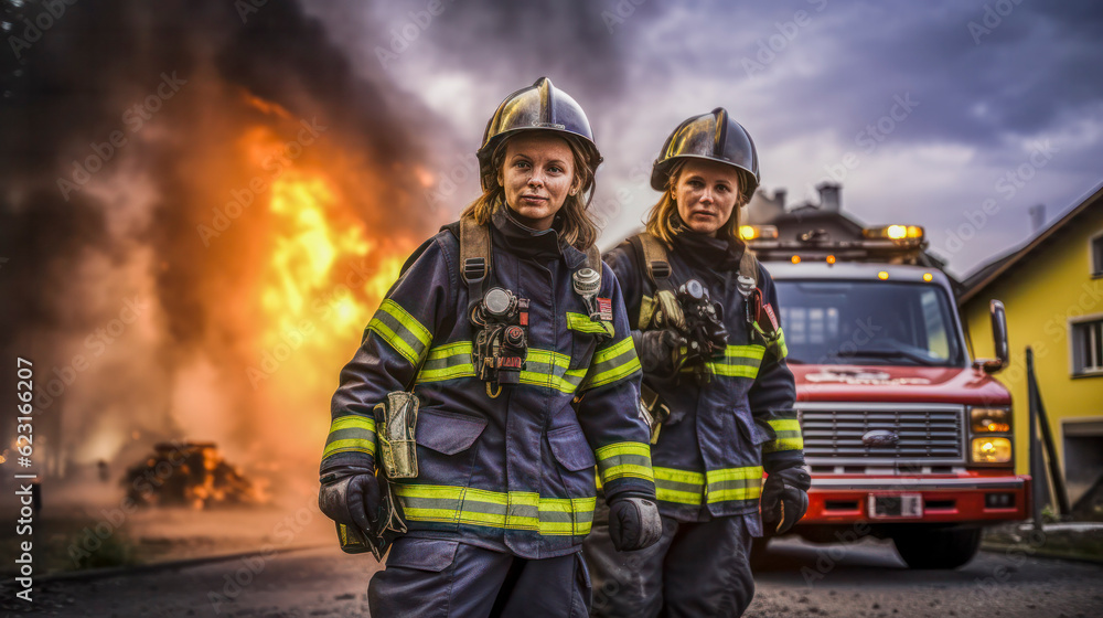 Feuerwehrfrauen in ihren typischen Uniformen löschen ein brennendes Haus. Generative AI