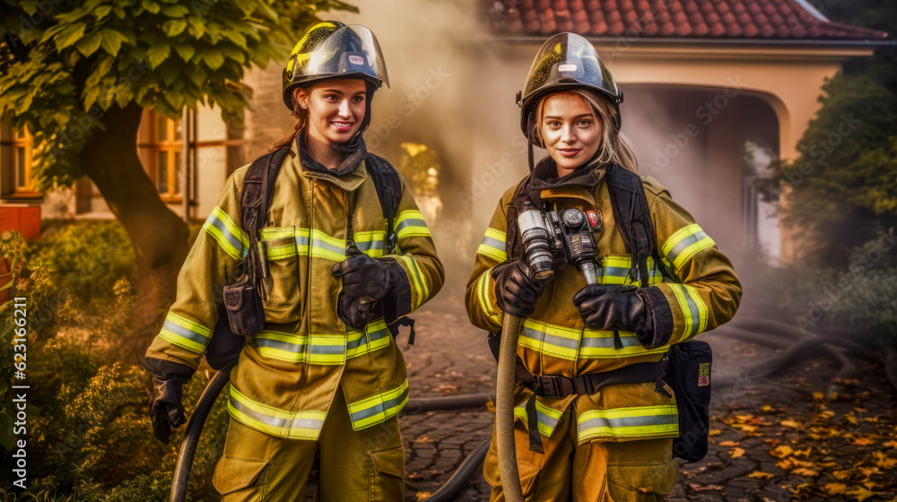 Feuerwehrfrauen in ihren typischen Uniformen löschen ein brennendes Haus. Generative AI