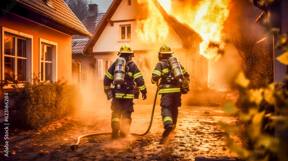 Feuerwehrleute in ihren typischen Uniformen löschen ein brennendes Haus. Generative AI