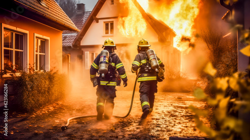 Obraz na płótnie Feuerwehrleute in ihren typischen Uniformen löschen ein brennendes Haus. Generative AI w salonie