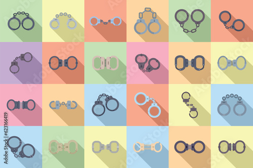 Handcuffs icons set flat vector. Police jail. Arrest prison