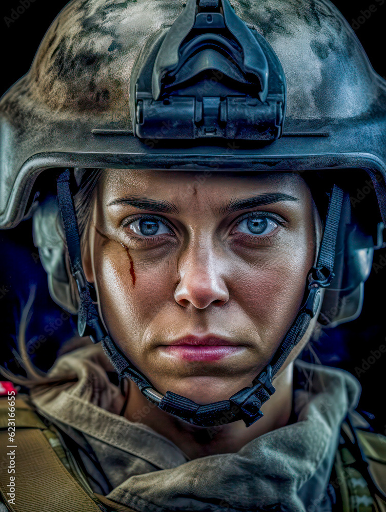 Porträt einer Soldatin in Uniform mit Helm und entschlossenem Blick. Generative AI Porträt einer Soldatin in Uniform mit Helm und entschlossenem Blick. Generative AI