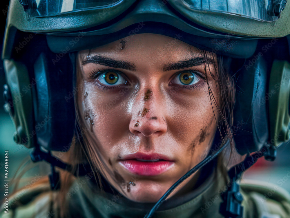Porträt einer Soldatin in Uniform mit Helm und entschlossenem Blick. Generative AI Porträt einer Soldatin in Uniform mit Helm und entschlossenem Blick. Generative AI