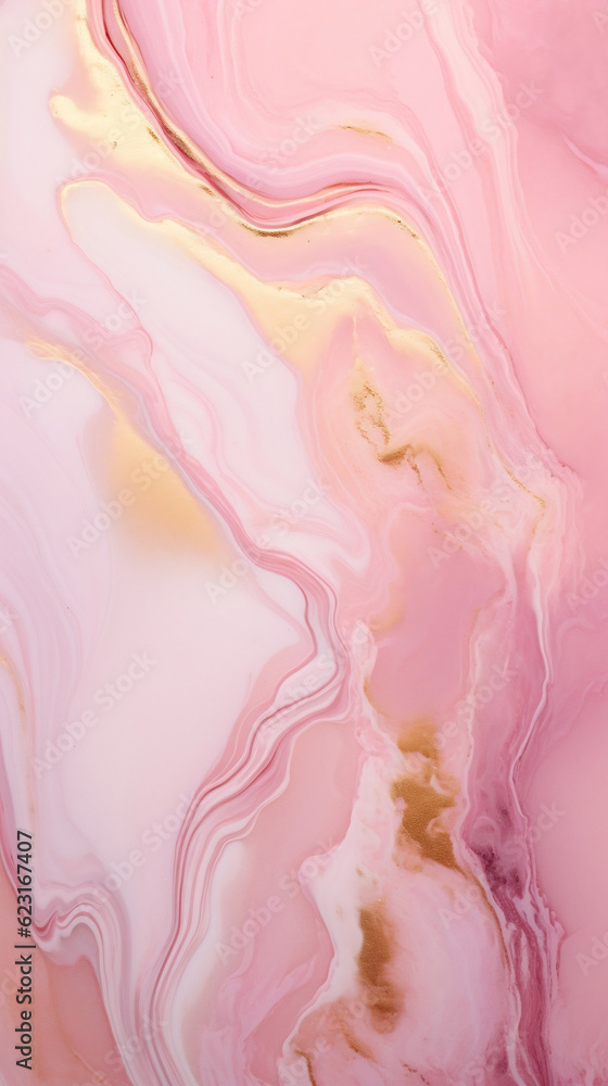 Ripples of pastel pink agate background. Swirls of marble. Abstract fantasia with golden powder.