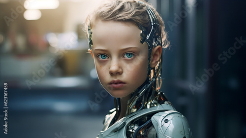 Kids girl android of ten years old head robot with part of skin and metal on a face, close up,