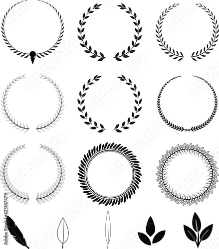 Set of vector laurel patterns, with leaves of different shapes and feathers. Used in logo design or as a design element.