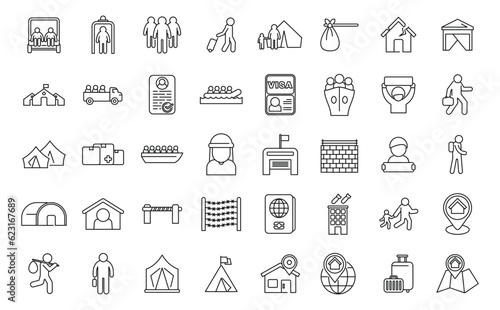Asylum seeker icons set outline vector. Migration abroad. Family seeker