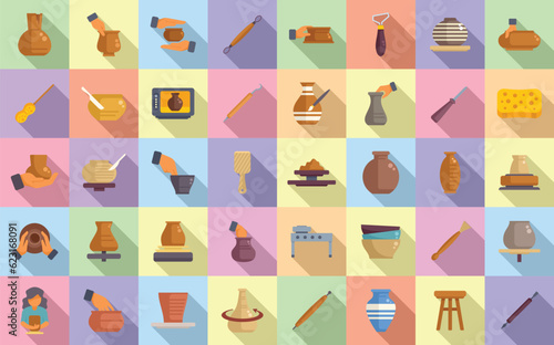 Pottery class icons set flat vector. Artist craft. People pot