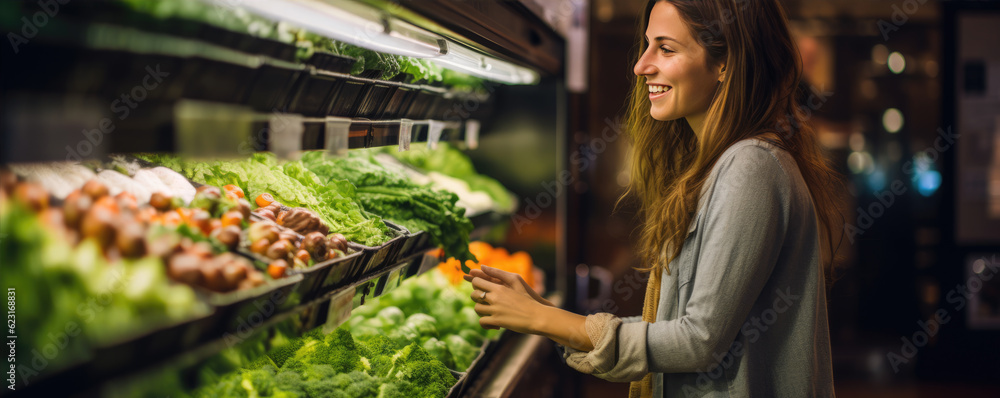 Young woman on the market near vegetable shelves.  wide banner