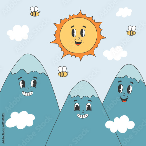 Groovy square poster with cute sun and mountains characters. Cartoon characters in trendy y2k retro style.