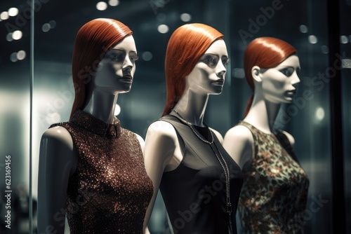 Stylish manikins on showcase of shop window. Showcase of clothing store. Style, fashion, shopping concept.