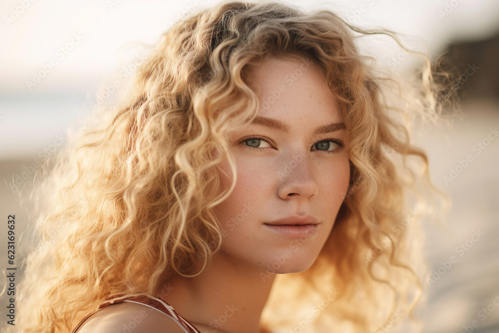 Fototapeta premium Closeup of a beautiful curly blond woman on a beach. 
