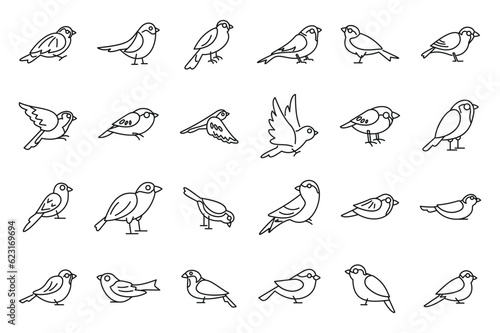 Sparrow icons set outline vector. Fly bird. House tree