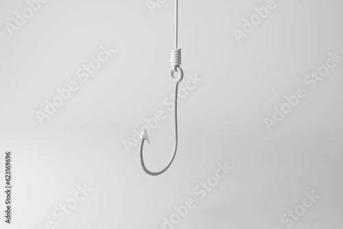 White hanging fishing hook and line on white background in monochrome and minimalism. Illustration of the concept of recreational fishing and email phishing