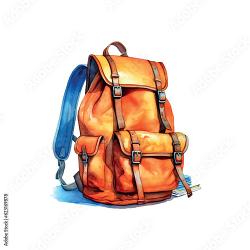 Colorful school backpack watercolor on white background. School student learning. Homework study.