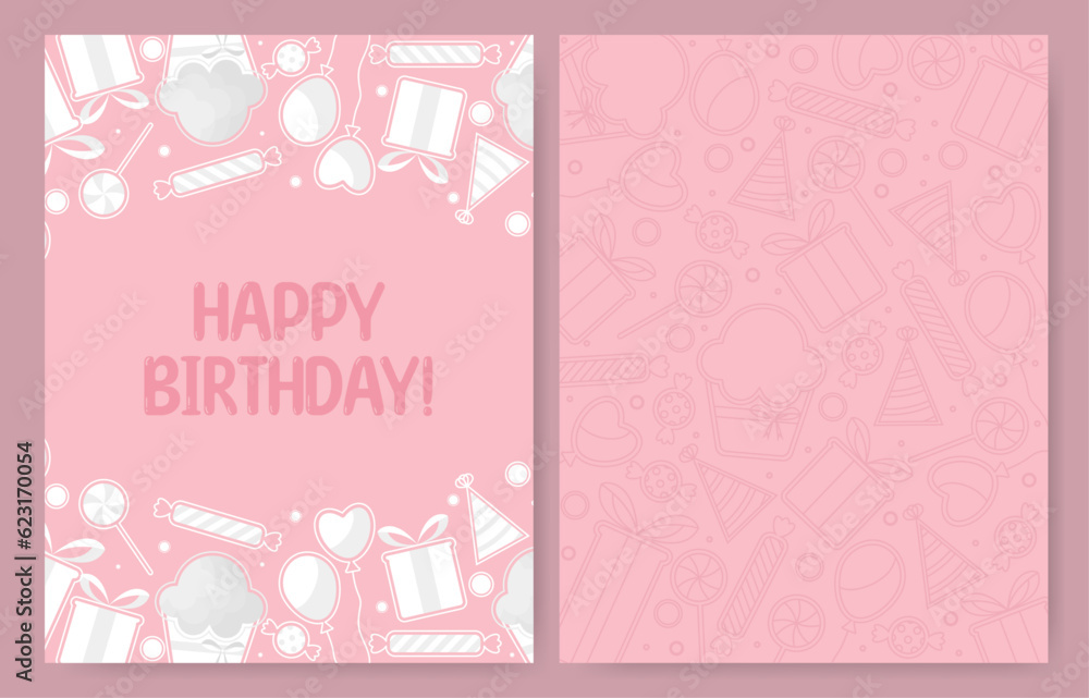 Double-sided birthday greeting card. Background with festive elements: gifts, candies, caps, lollipops, balloons. Vector template for greetings, invitations, business, social media. Place for text.