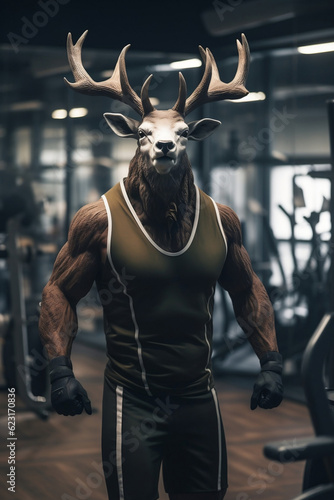 fit Deer standing at the gym, Fitness-inspired deer at the gym, Strong and poised in their pursuit, generative AI